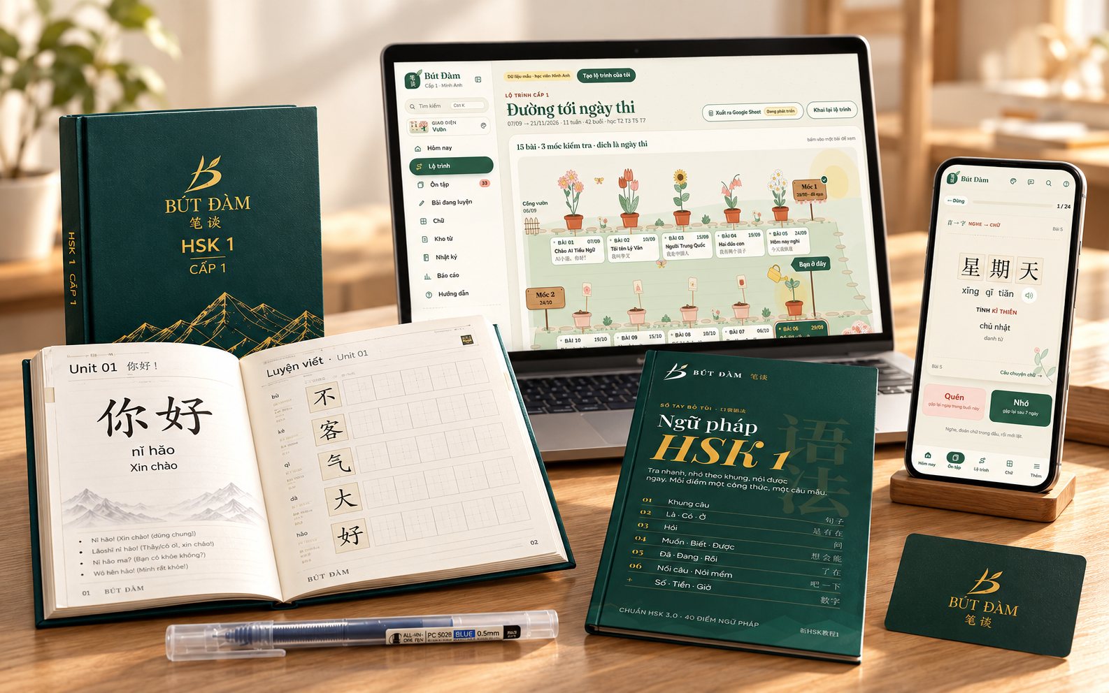 Trọn bộ Bút Đàm Cấp 1: sổ luyện viết bìa cứng, Góc học trên máy tính và điện thoại, tóm tắt ngữ pháp, thẻ che và bút gel