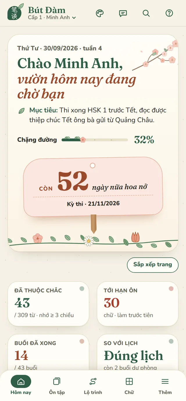 Góc học giao diện Vườn, màn Hôm nay, trên điện thoại