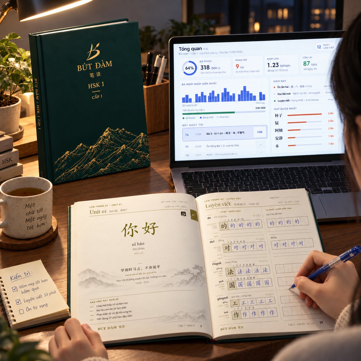Bộ Bút Đàm trên bàn học buổi tối