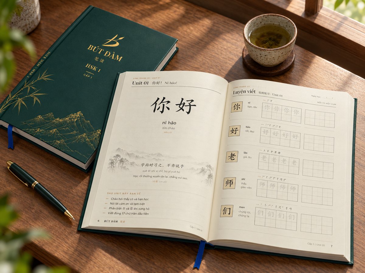 Sổ Bút Đàm HSK 1 mở ở trang Unit 01 và Luyện viết, bên cạnh bìa cứng xanh rêu